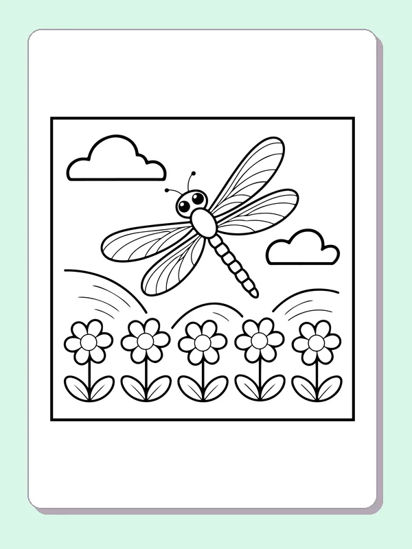 Black and white printable dragonfly over a row of daisies coloring sheet