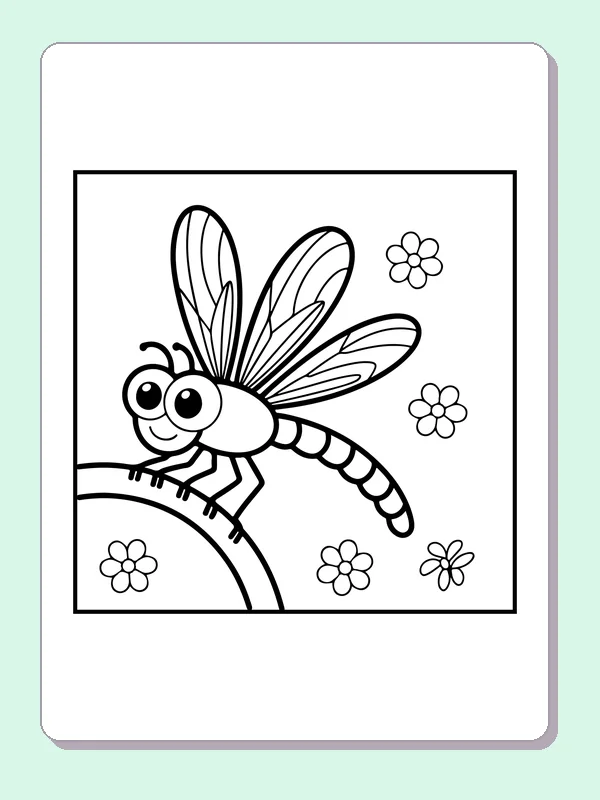 Black and white printable dragonfly resting on a branch coloring sheet