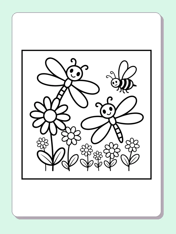 Black and white printable three dragonflies above small flowers coloring sheet