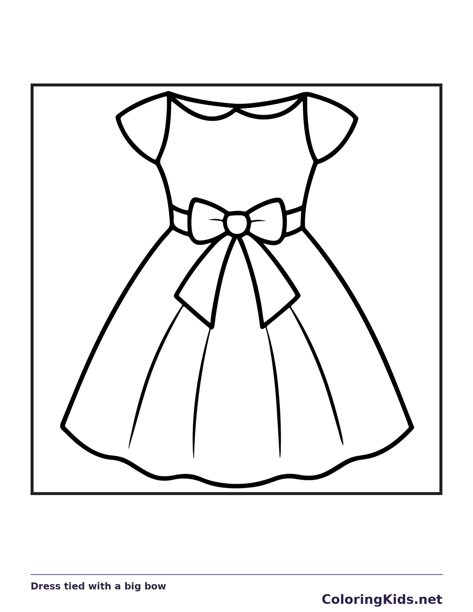 Black and white printable dress tied with a big bow coloring sheet