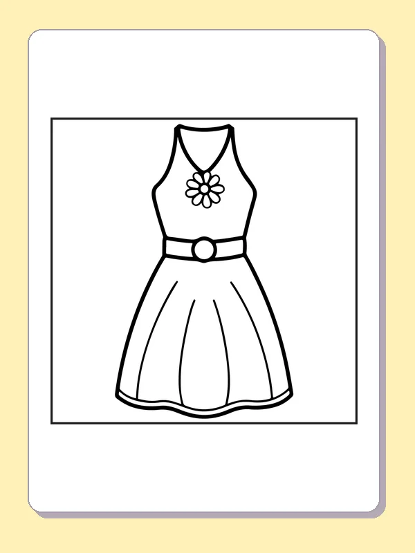 Black and white printable halter dress with flower brooch coloring sheet