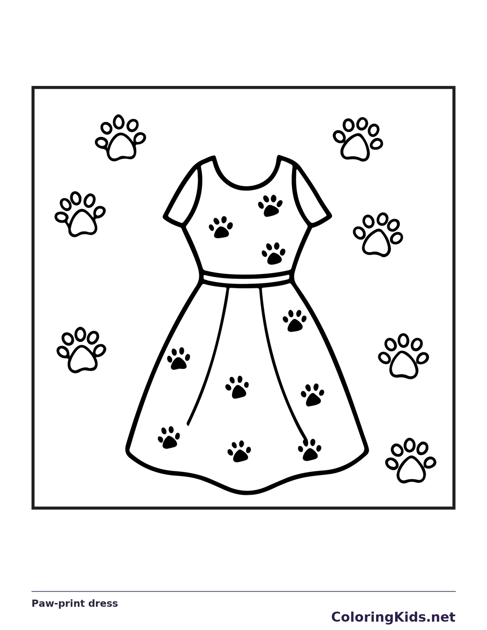 Black and white printable paw-print dress coloring sheet