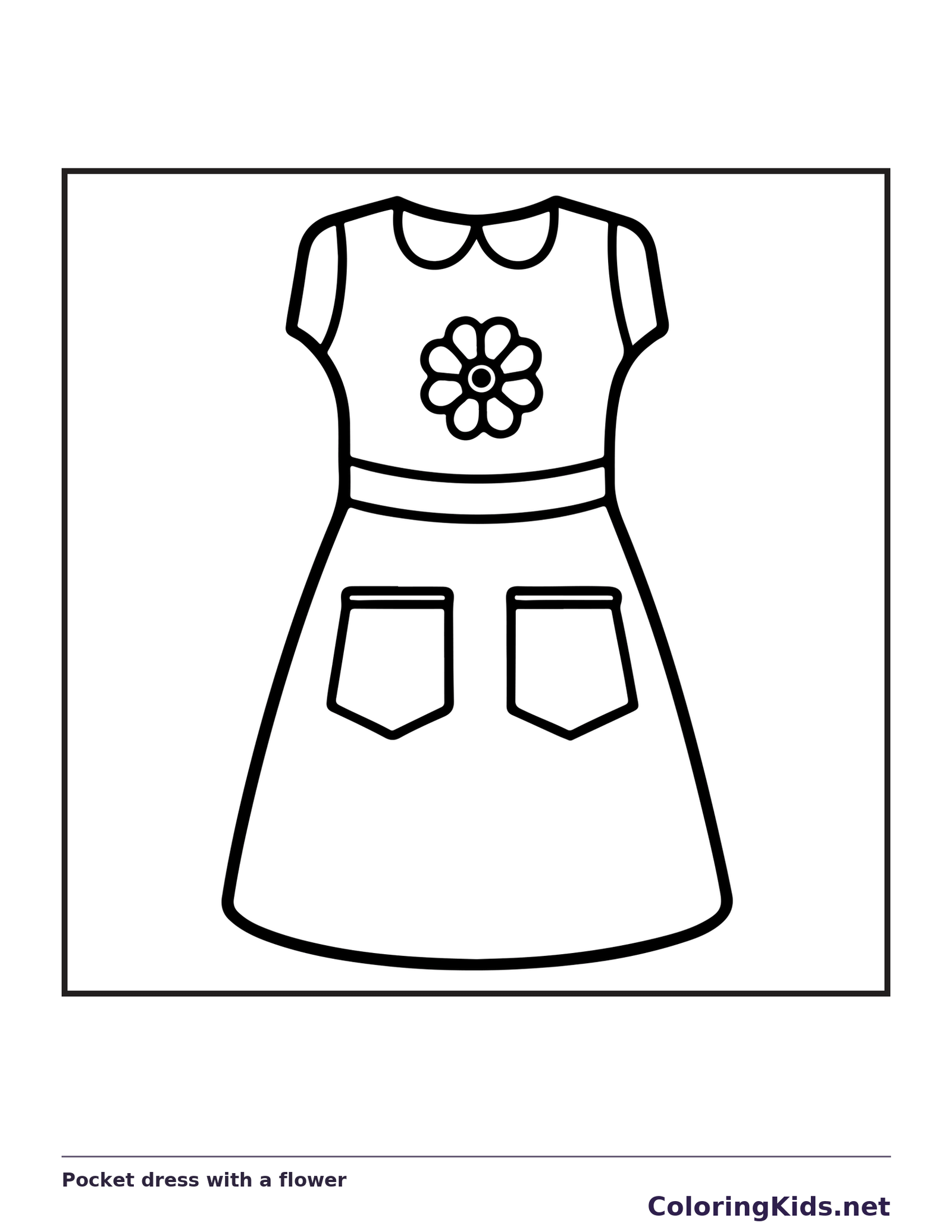 Black and white printable pocket dress with a flower coloring sheet