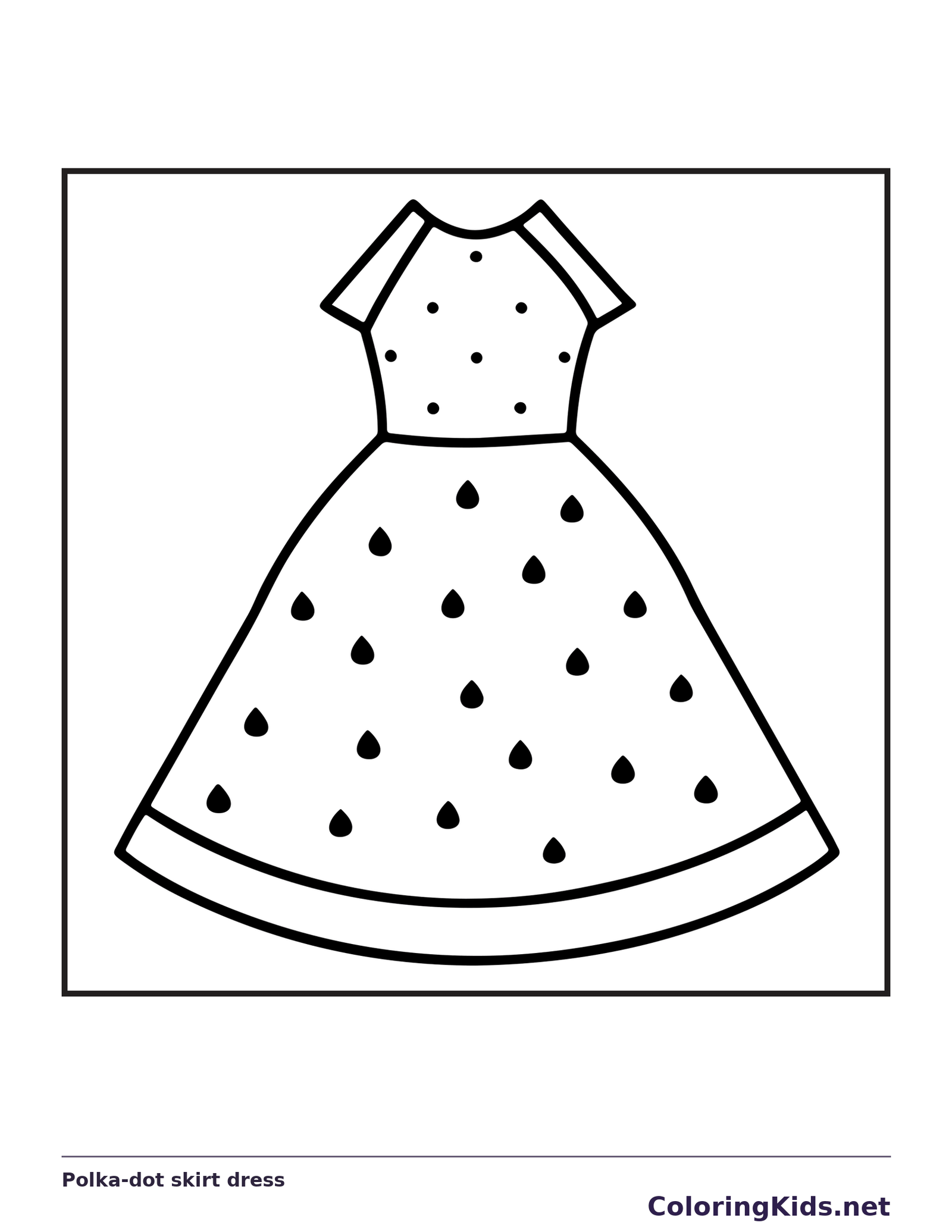 Black and white printable polka-dot skirt dress coloring sheet