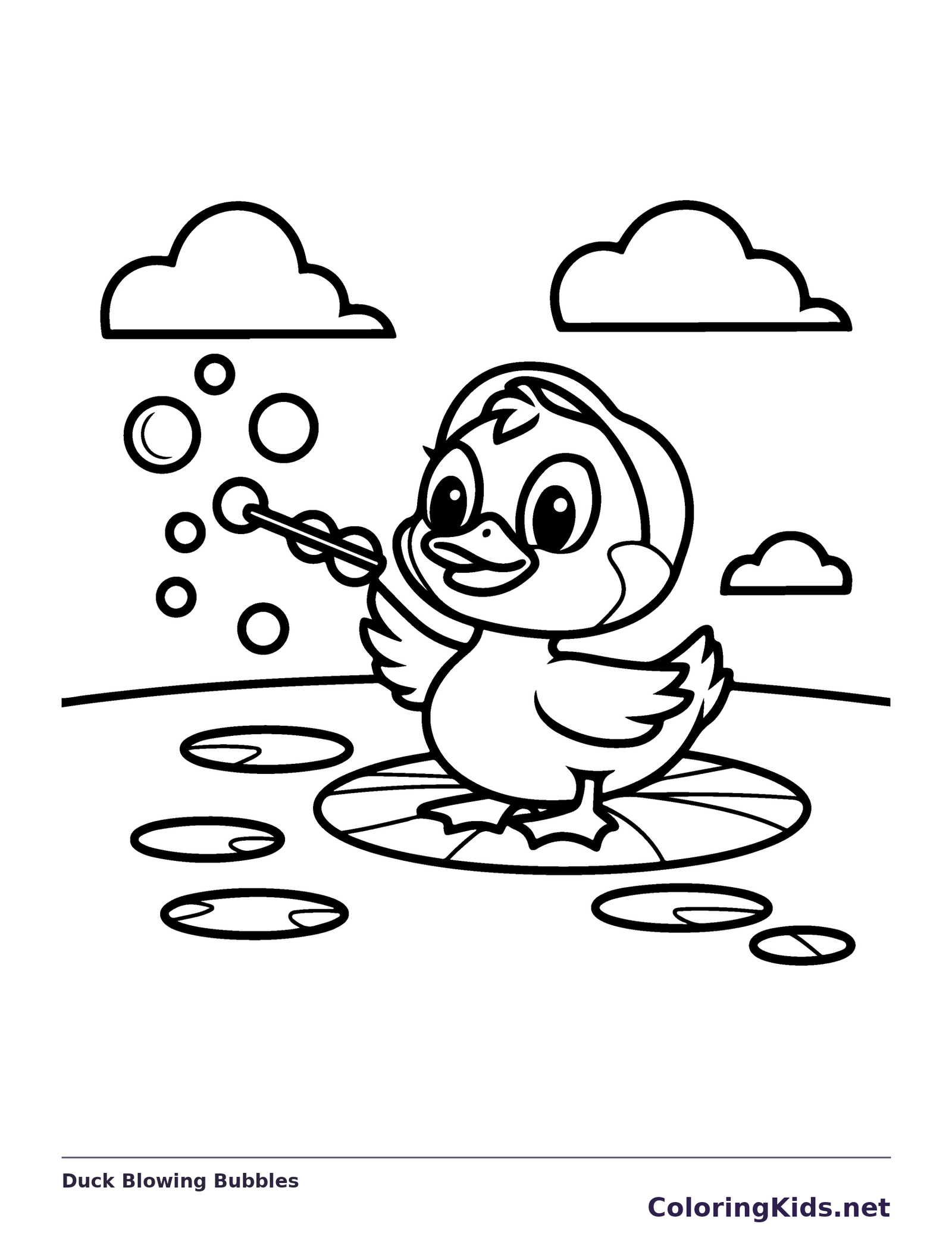 Duck Blowing Bubbles coloring page: black and white line art to print or color online