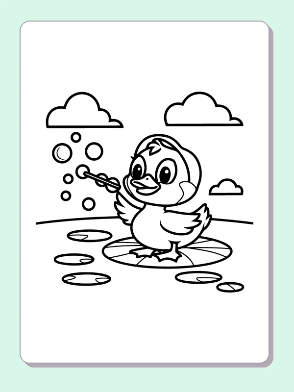 Duck Blowing Bubbles coloring page: black and white line art to print or color online
