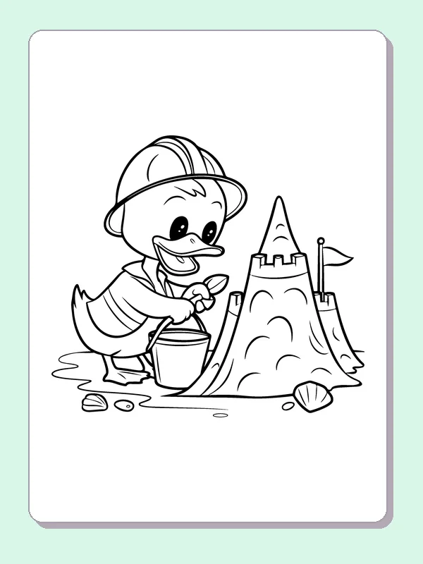 Duck Building A Sandcastle coloring page: black and white line art to print or color online