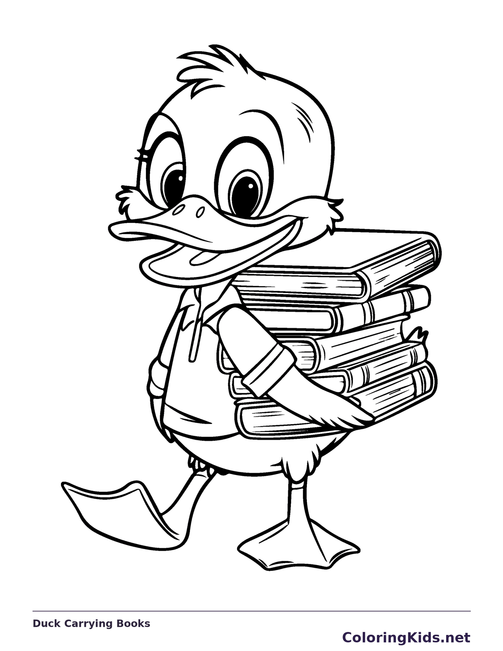 Duck Carrying Books coloring page: black and white line art to print or color online