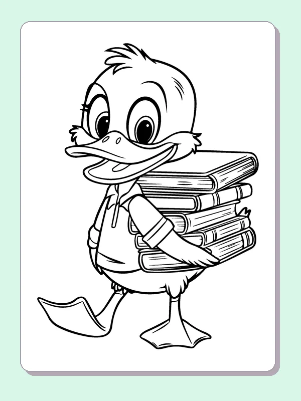 Duck Carrying Books coloring page: black and white line art to print or color online