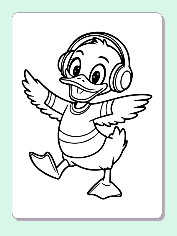 Duck Dancing With Headphones coloring page: black and white line art to print or color online