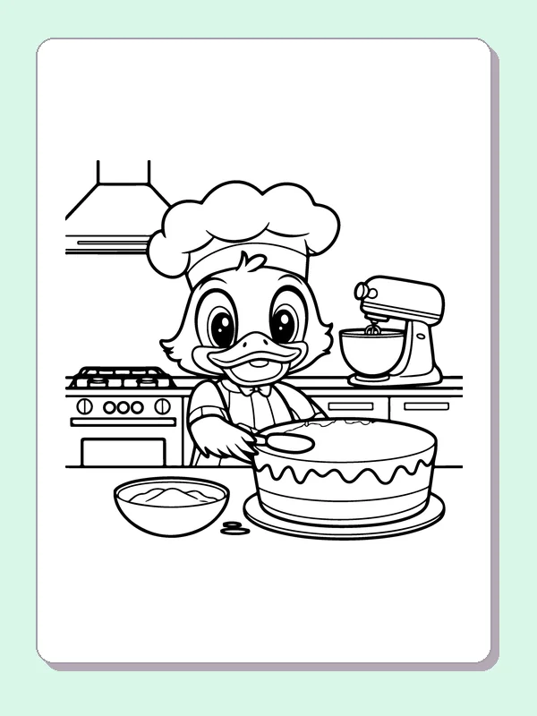 Duck Decorating A Cake coloring page: black and white line art to print or color online