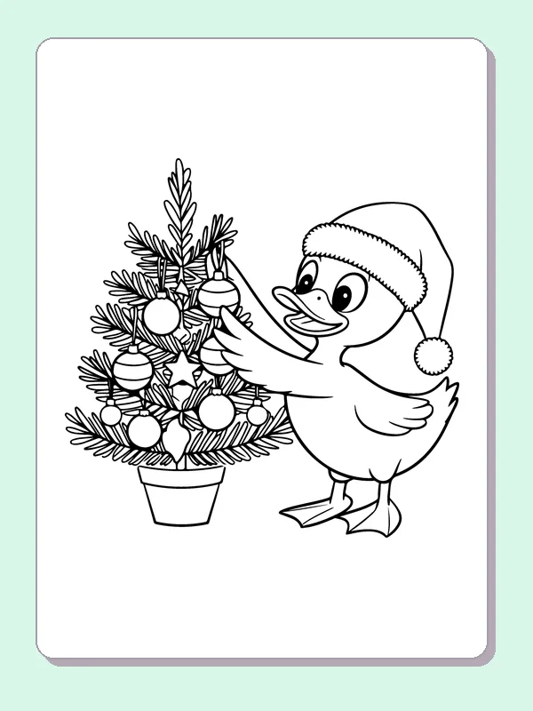Duck Decorating A Tree coloring page: black and white line art to print or color online
