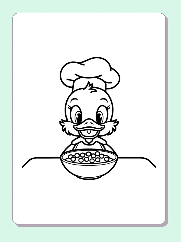 Duck Eating From A Bowl coloring page: black and white line art to print or color online