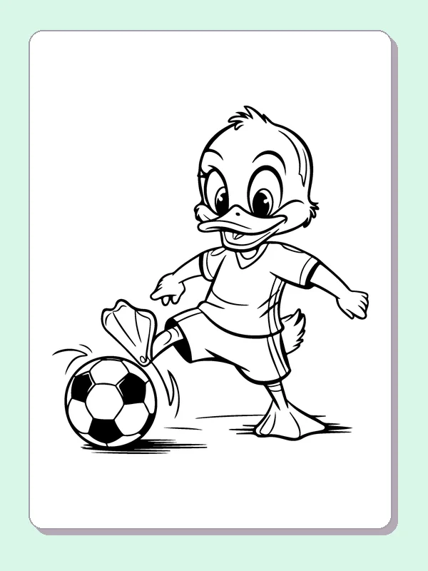 Duck Kicking A Soccer Ball coloring page: black and white line art to print or color online