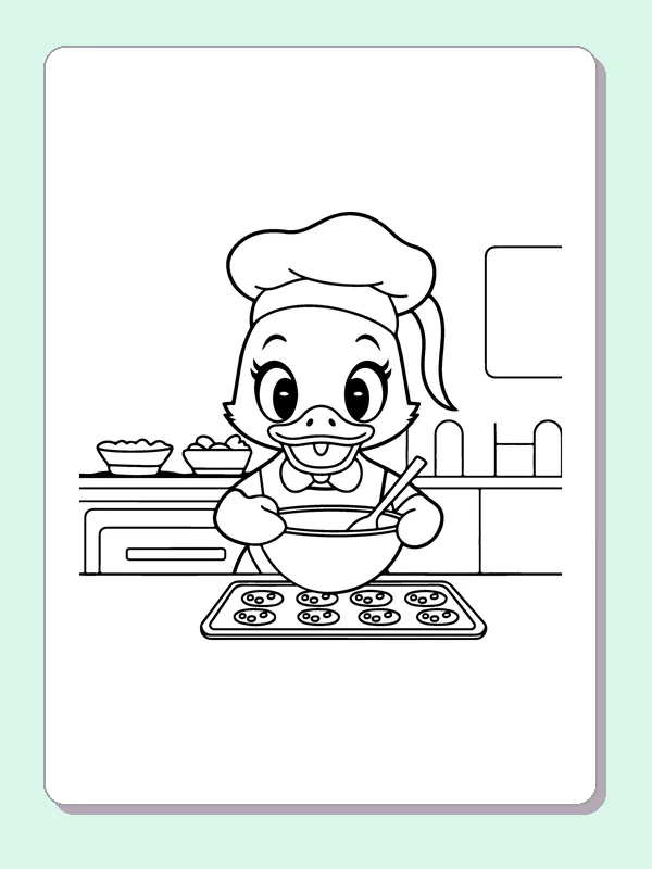 Duck Mixing Cookie Dough coloring page: black and white line art to print or color online