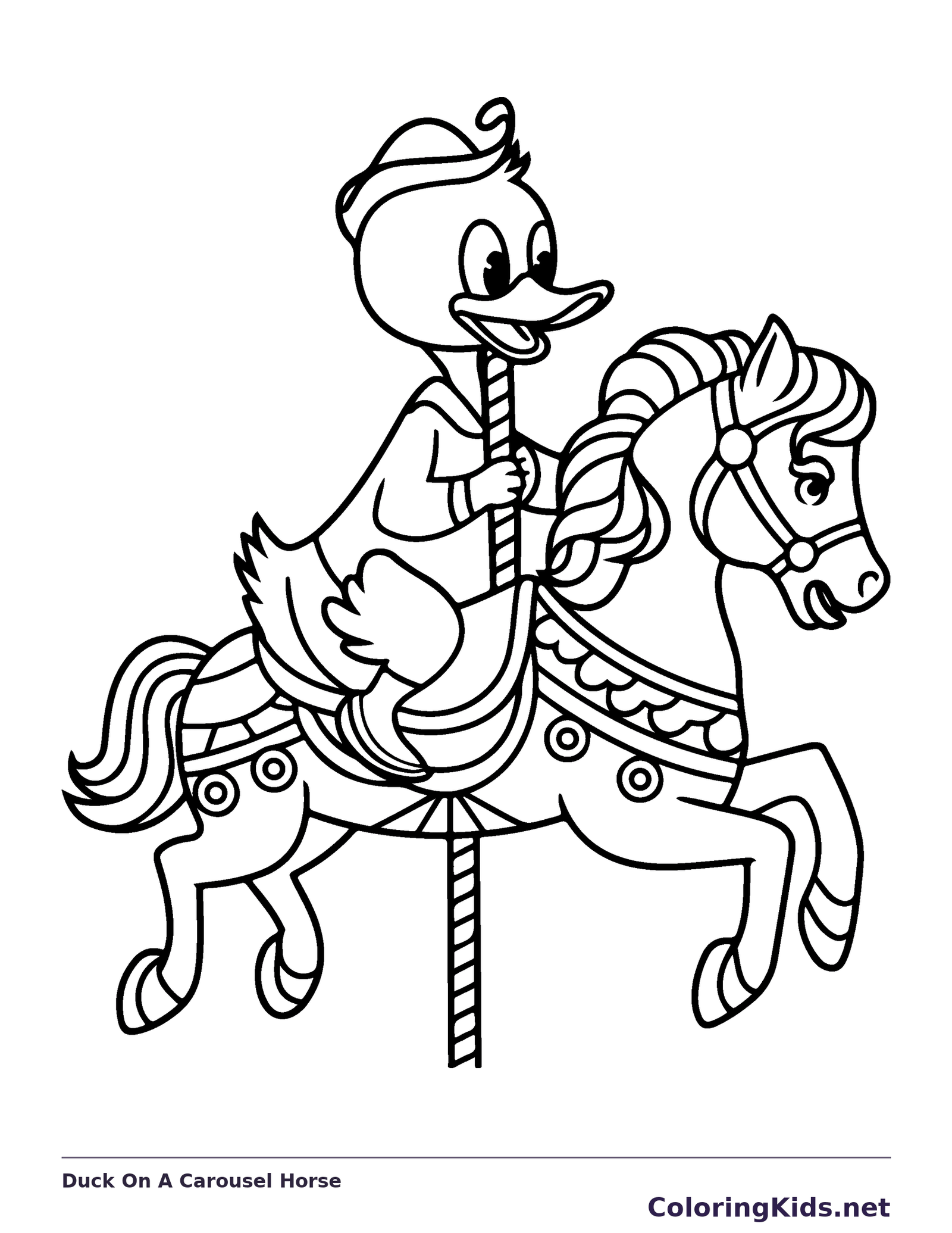 Duck On A Carousel Horse coloring page: black and white line art to print or color online