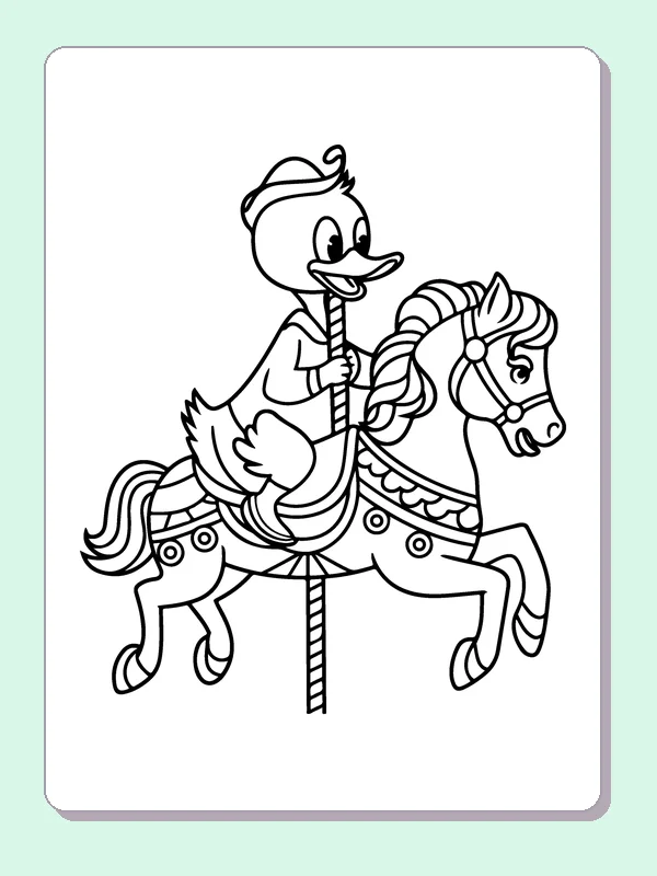 Duck On A Carousel Horse coloring page: black and white line art to print or color online