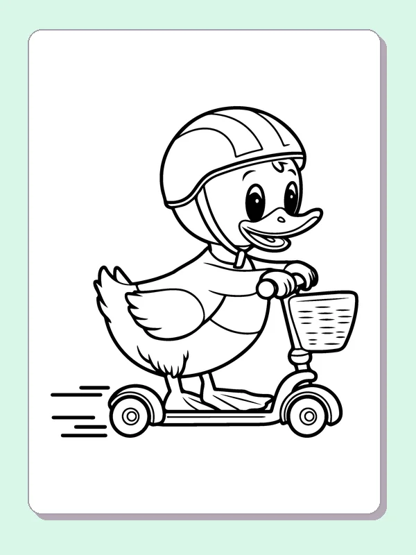 Duck On A Scooter coloring page: black and white line art to print or color online