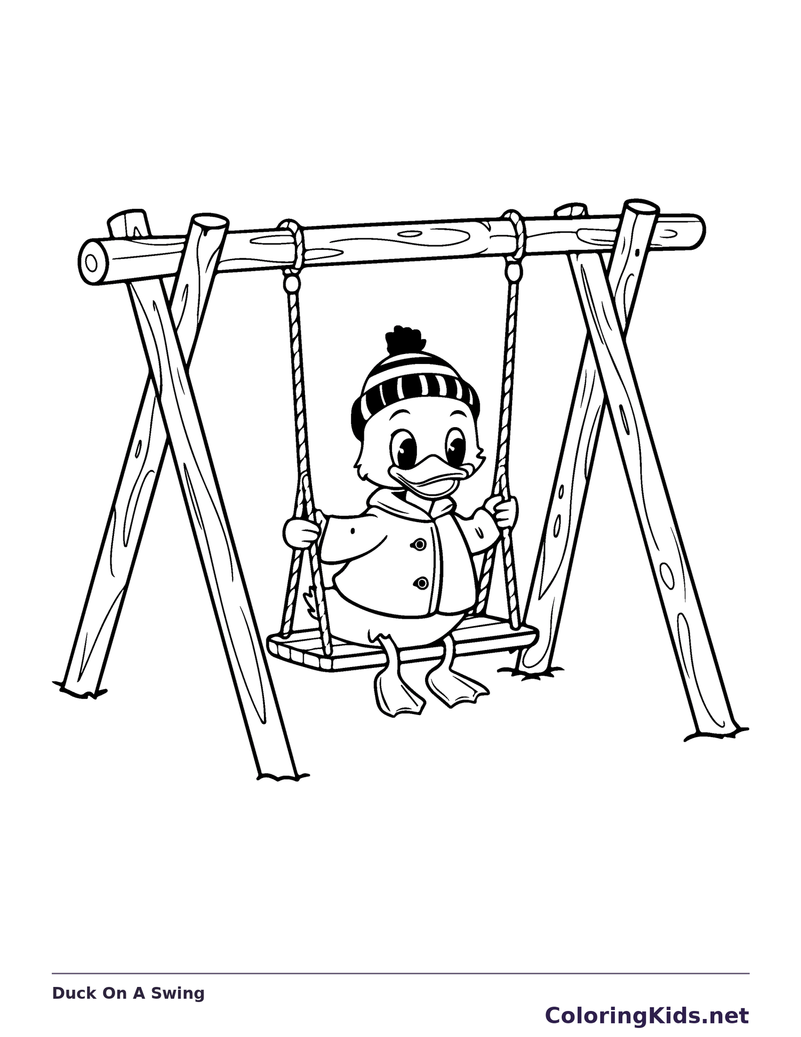 Duck On A Swing coloring page: black and white line art to print or color online