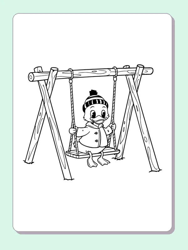 Duck On A Swing coloring page: black and white line art to print or color online