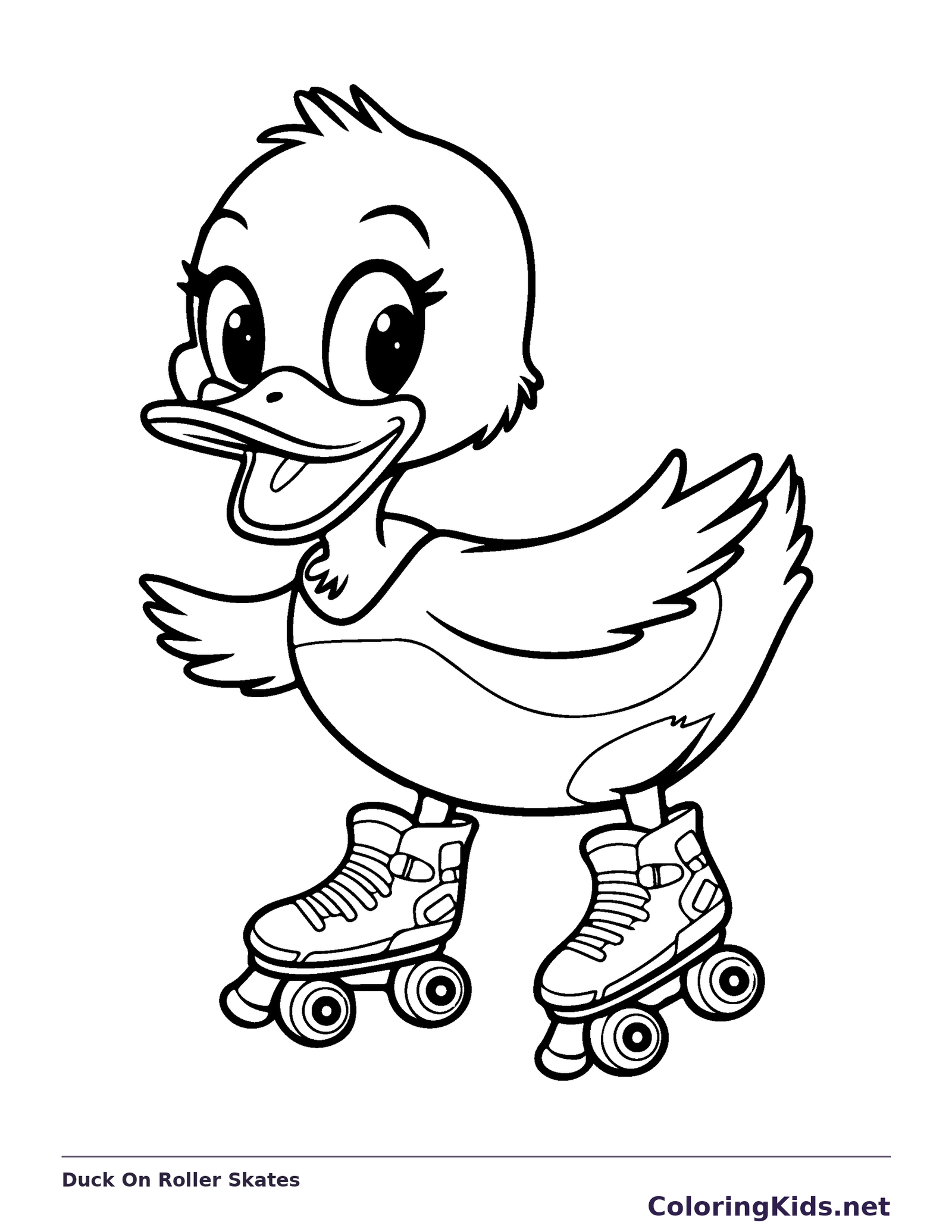 Duck On Roller Skates coloring page: black and white line art to print or color online