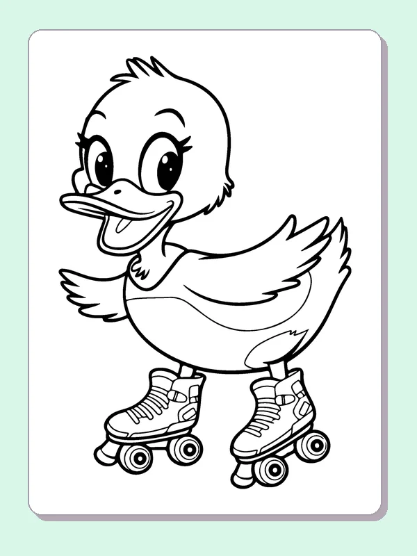 Duck On Roller Skates coloring page: black and white line art to print or color online