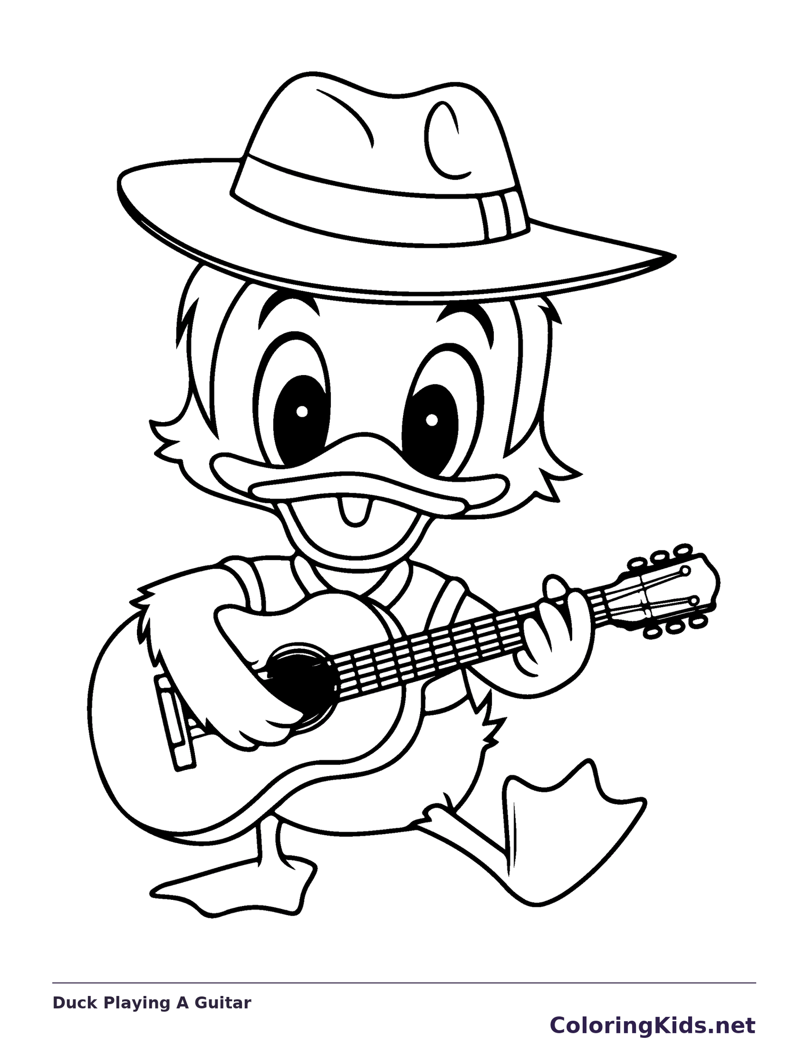 Duck Playing A Guitar coloring page: black and white line art to print or color online