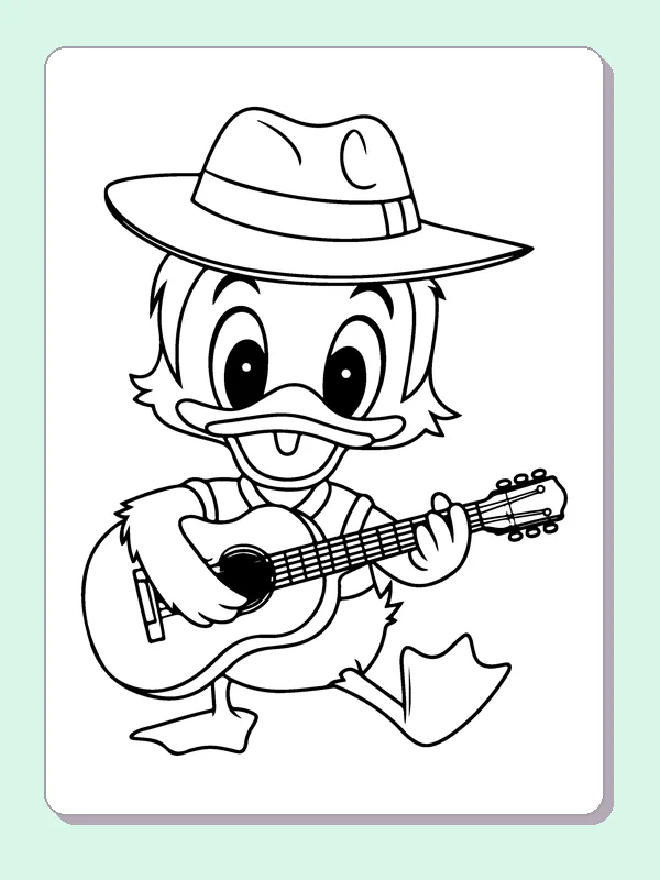 Duck Playing A Guitar coloring page: black and white line art to print or color online