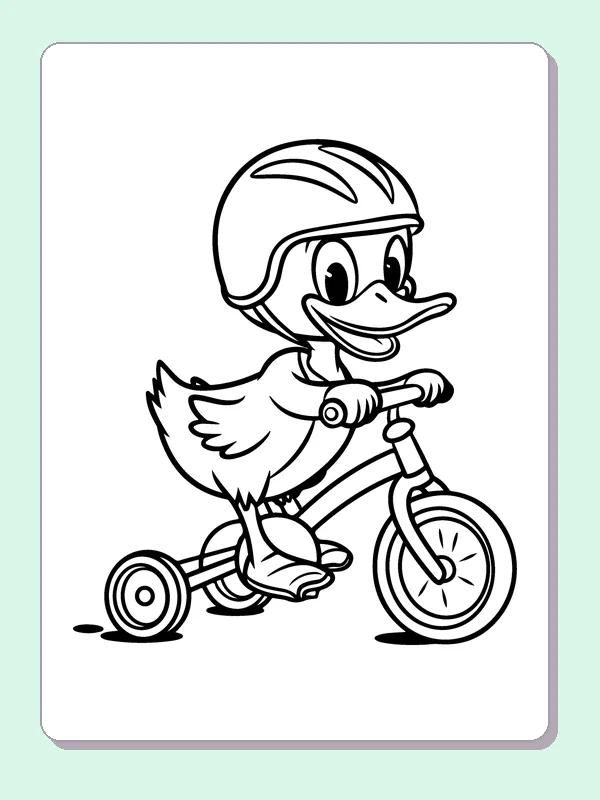 Duck Riding A Tricycle coloring page: black and white line art to print or color online