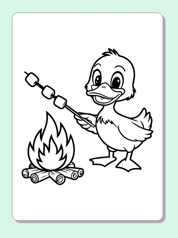 Duck Roasting Marshmallows coloring page: black and white line art to print or color online