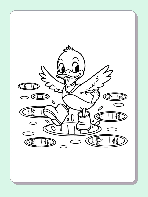 Duck Splashing In A Puddle coloring page: black and white line art to print or color online