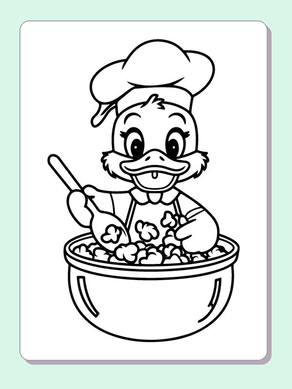 Duck Stirring A Big Bowl coloring page: black and white line art to print or color online