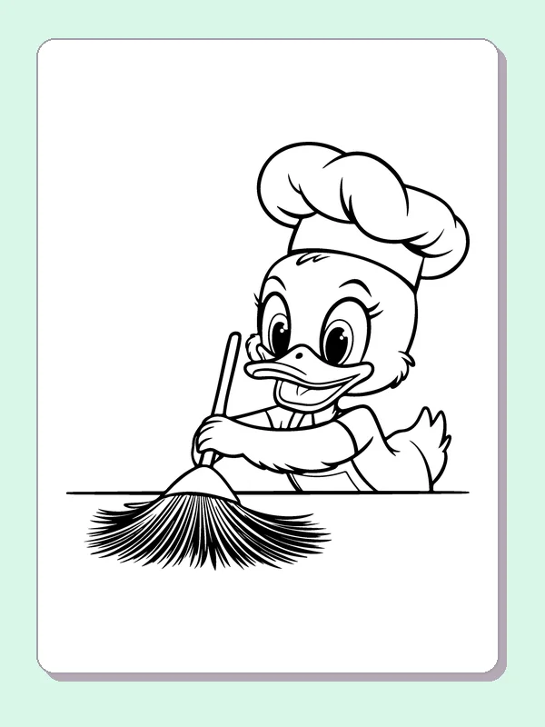 Duck Sweeping With A Broom coloring page: black and white line art to print or color online