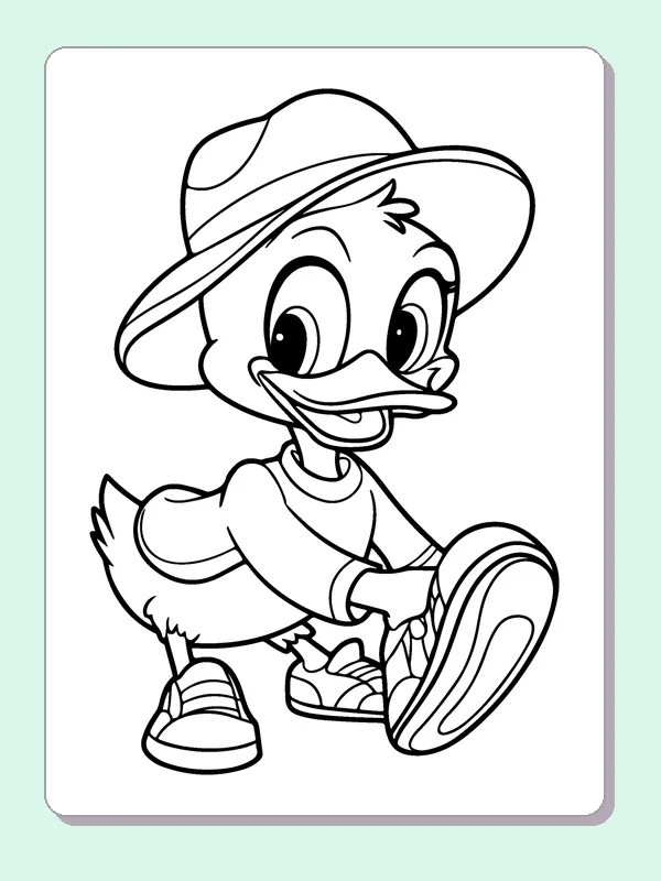 Duck Tying A Sneaker coloring page: black and white line art to print or color online