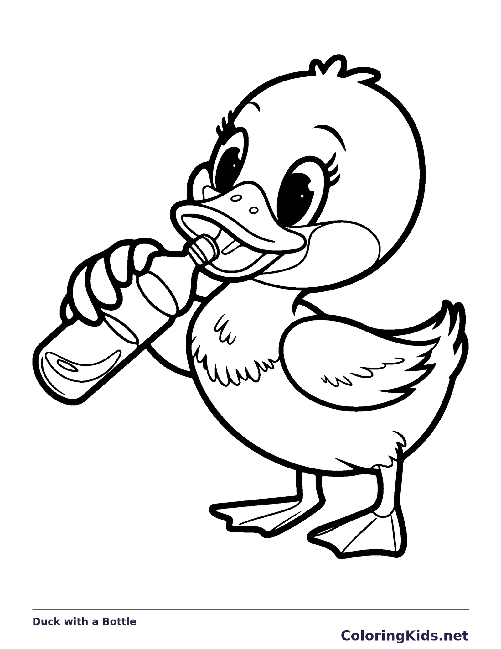 Duck with a Bottle coloring page: black and white line art to print or color online
