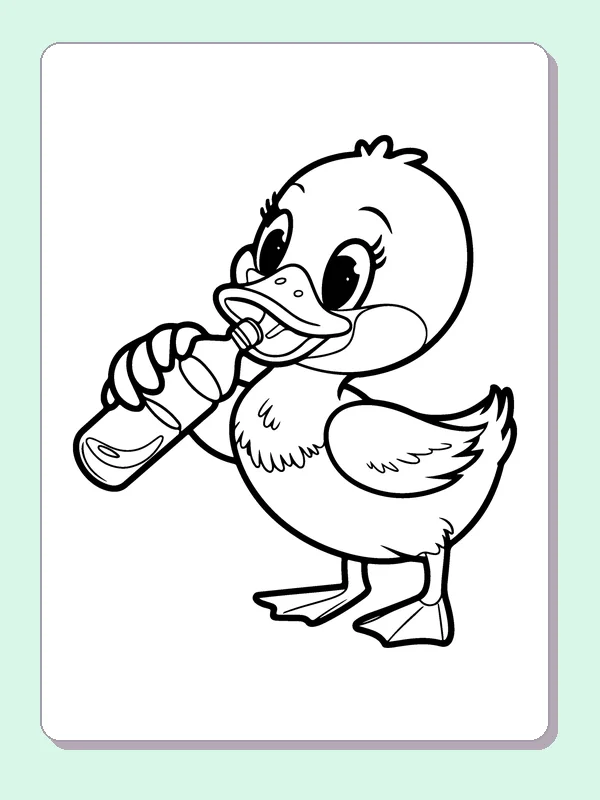 Duck with a Bottle coloring page: black and white line art to print or color online