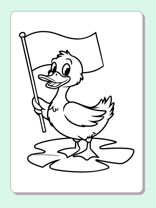 Duck With A Flag coloring page: black and white line art to print or color online