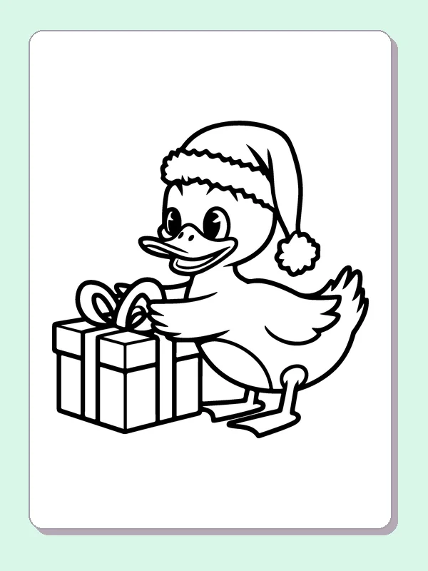 Duck With A Gift coloring page: black and white line art to print or color online