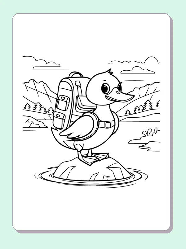 Duck With A Hiking Pack coloring page: black and white line art to print or color online