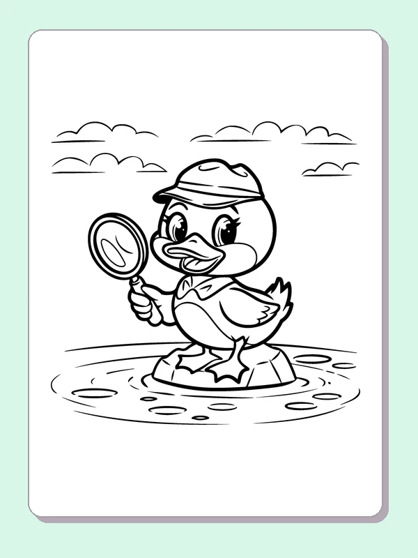 Duck With A Magnifying Glass coloring page: black and white line art to print or color online