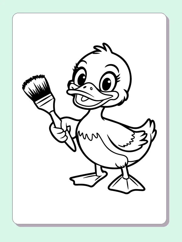 Duck With A Paintbrush coloring page: black and white line art to print or color online