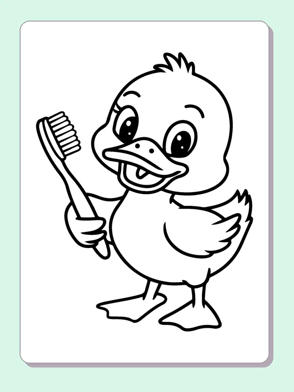 Duck With A Toothbrush coloring page: black and white line art to print or color online
