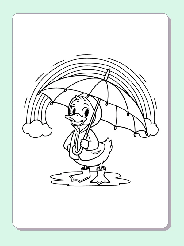 Duck With An Umbrella coloring page: black and white line art to print or color online