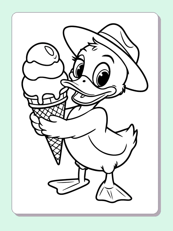 Duck With Ice Cream coloring page: black and white line art to print or color online