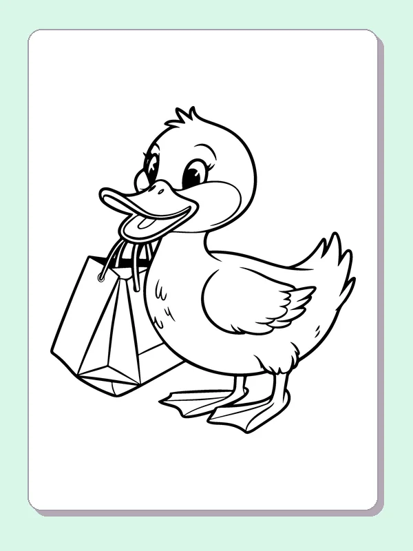 Duck With Shopping Bags coloring page: black and white line art to print or color online
