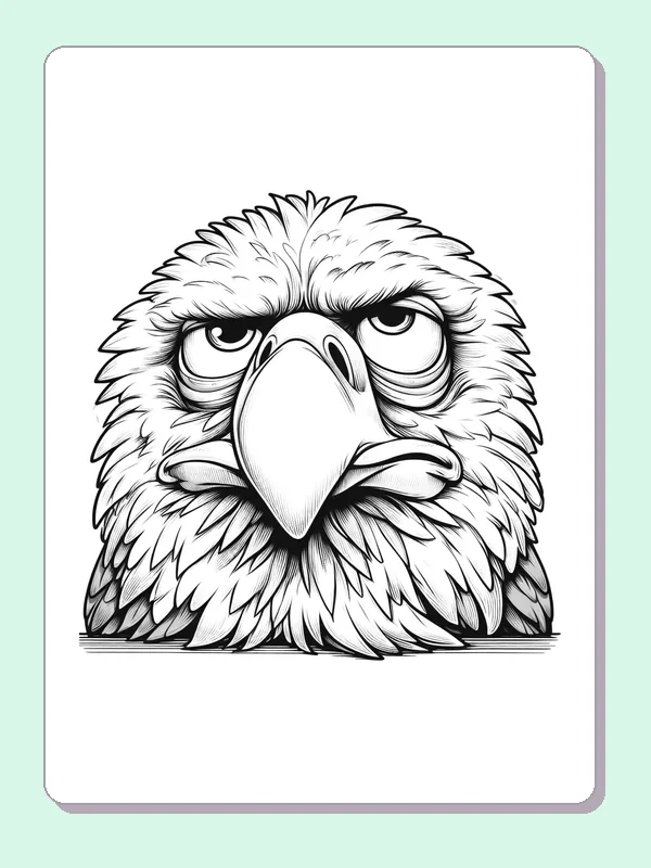 Printable close-up coloring page of an eagle face with layered feathers and a hooked beak