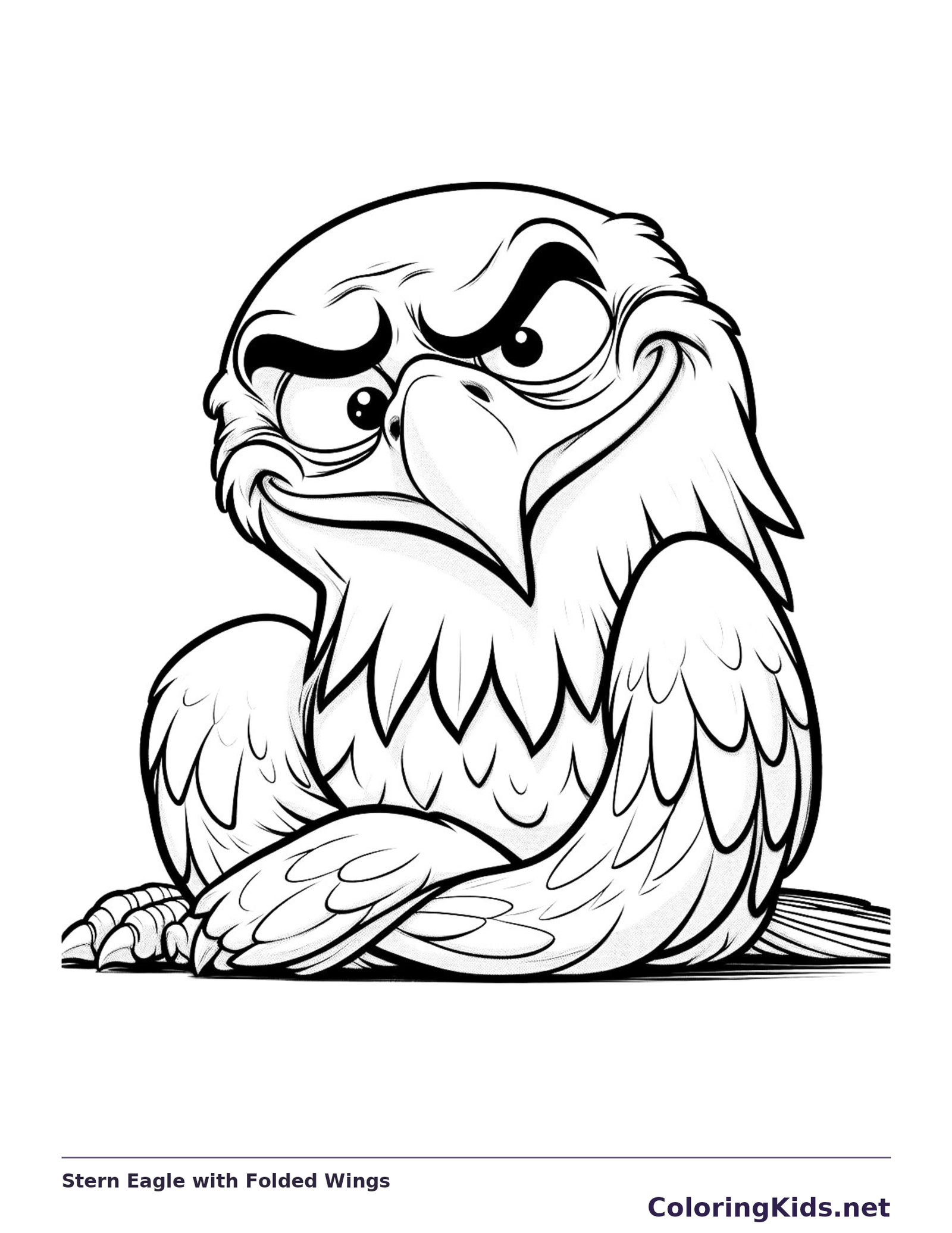 Black-and-white cartoon eagle coloring page of stern eagle with folded wings. A cartoon eagle sits with one folded wing crossing the front of its body. Its brows tilt downward over a broad hooked beak.