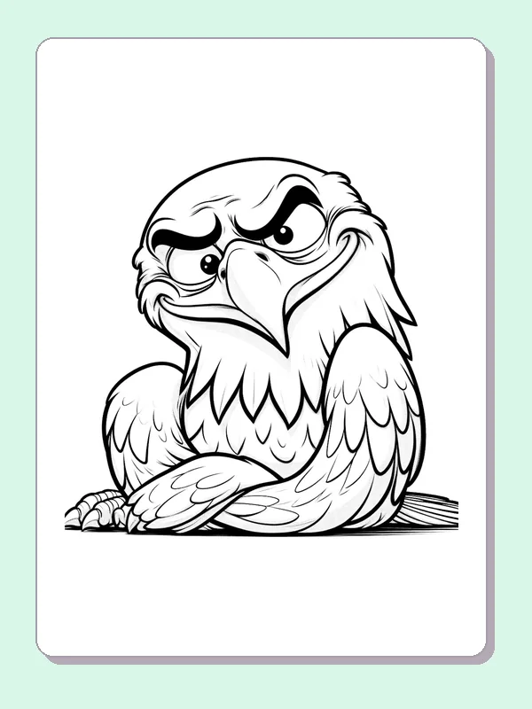 Black-and-white cartoon eagle coloring page of stern eagle with folded wings. A cartoon eagle sits with one folded wing crossing the front of its body. Its brows tilt downward over a broad hooked beak.