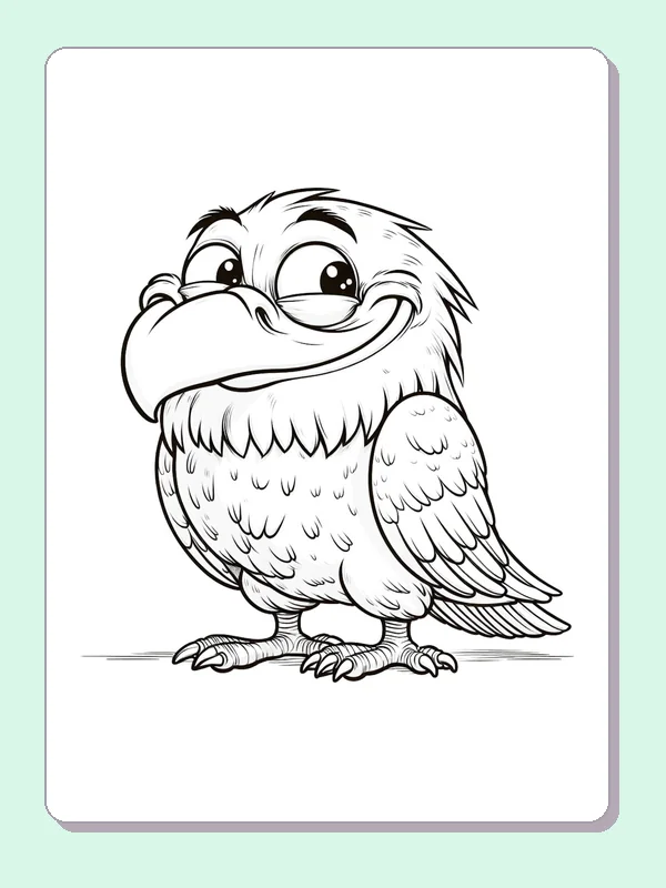 Black-and-white cartoon eagle coloring page of gentle side-facing eagle. A small eagle-like bird turns sideways with rounded eyes and a broad curved beak. One folded wing and a long tail remain clearly separated.