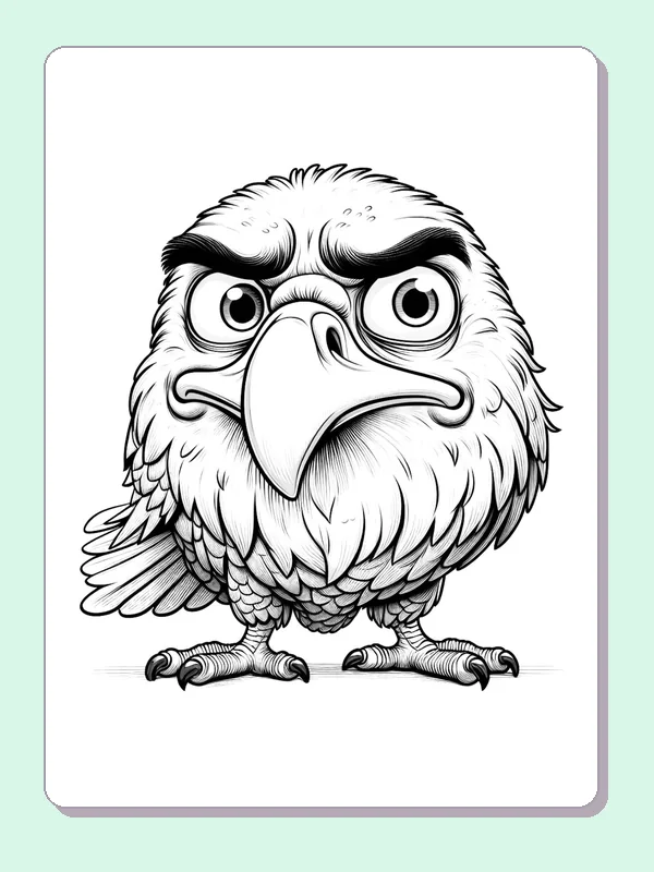 Black-and-white cartoon eagle coloring page of grumpy cartoon eagle facing forward. Heavy brows sit above this eagle's round eyes and hooked beak. Layered chest feathers, tail tips and fine claw lines fill the otherwise open portrait.